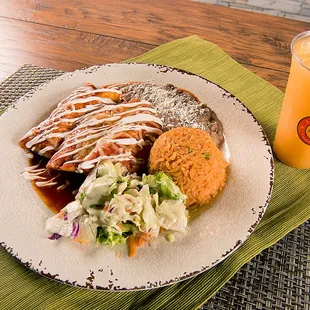 a plate of food and a drink