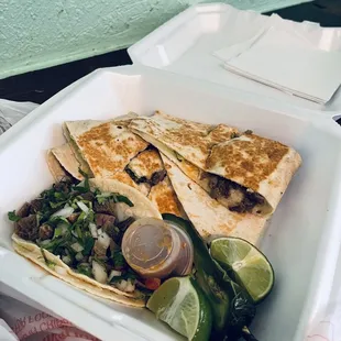 Asada quesadilla and lengua taco