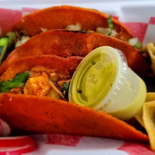 Street tacos: 1 beef, 1 steak, and 1 chicken.