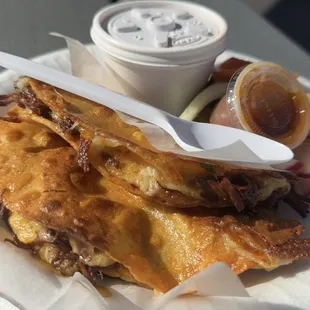 Quesabirria with consomé &amp; salsa!