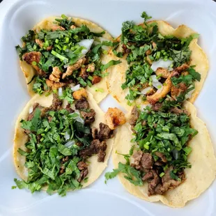4 Tacos 12 Dollars. Street food size, 3-4 bites each.