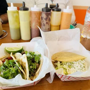 Pastor and Beef Tacos, Beef Gordita with all their delicious salsas