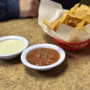 Jalapeño creama and salsa with chips