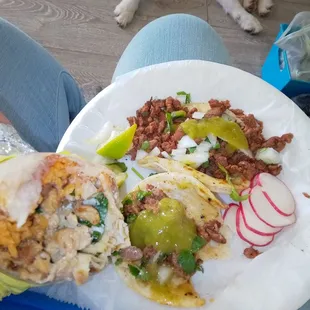 Chicken burrito and Asada tacos
