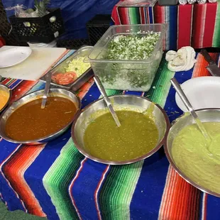 a variety of soups and condiments