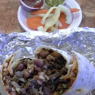 Asada burrito &amp; a side of pickled carrots &amp; onions..