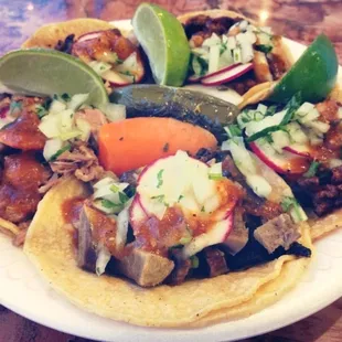 Tacos lengua (tongue), al pastor, carne asada, carnitas.
