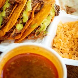 Birria Tacos with beans and rice