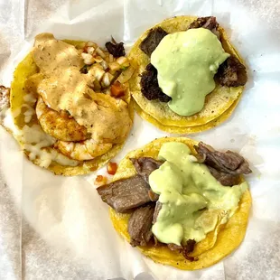 Shrimp, cabeza and cecina street tacos