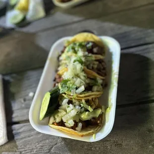 Carne Asada, Chorizo, and Pastor tacos