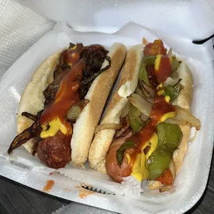 two hot dogs in a styrofoam container