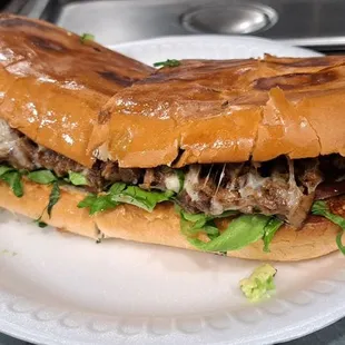 Torta de carne asada. Mayo, lettuce, tomatoes, cheese and Avocado.
