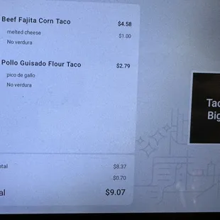 Receipt for 3 fajita tacos.