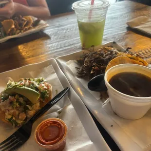 Limonada, birria tacos, &amp; shrimp ceviche tostadas