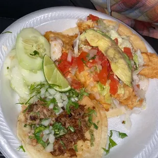 Fried pork and fried fish taco