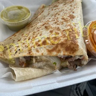 a close up of a quesadilla