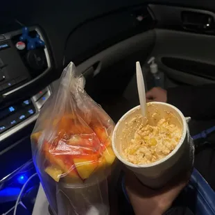 Papaya and mango with chamoy. Elotes.