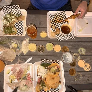 vampiro, sopes, quesabirria, tacos (fish, lengua, chicken, and asada), and an horchata.