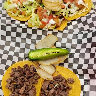 Top plate: Shrimp Tacos    Bottom: Carne Asada Tacos