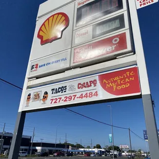 Shell station sign, restaurant inside
