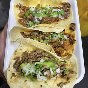 Suadero, Al Pastor, and Bistek Tacos