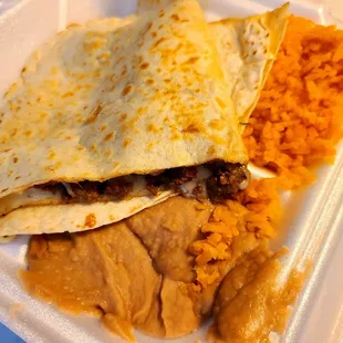 Asada Quesadilla with rice and beans - $10.99 on Doordash