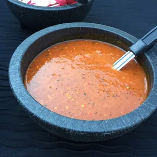 Tomato base salsa roja (red salsa) normally our spicier salsa but we can always make it milder to you liking.