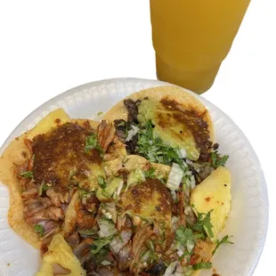 a plate of food and a drink