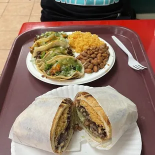 Carne Asada Torta on first plate Tacos, Beans n rice on second plate