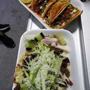 Tacos de birria and carne asada quesadilla