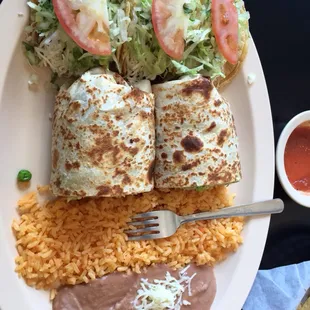 Pork burrito, 3 steak tacos