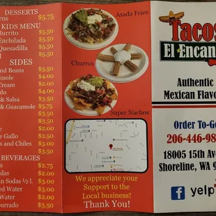 a menu for tacos el encanto