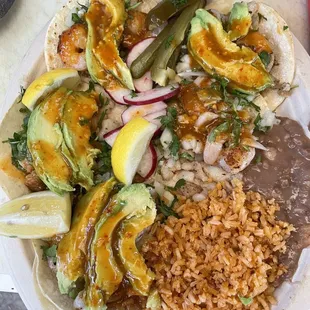 The shrimp and fish tacos are so good you can ask for a side of rice and beans