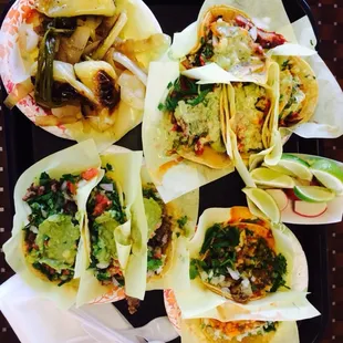 Tacos de asada, barbecue pork, tripe with grilled onions/pepper.