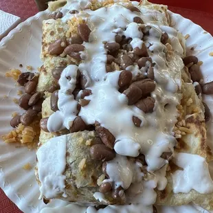 Carne Asada quesadilla with rice and beans