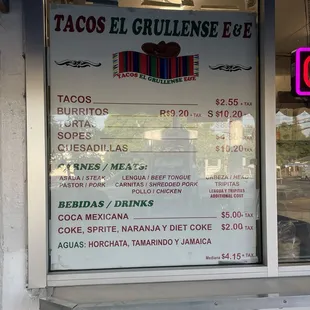 Menu with prices as of 7/14/2024