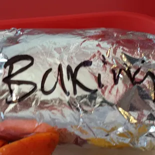 "Baking" breakfast burrito.