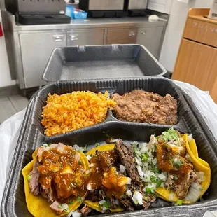 3 taco combo. 1 asada, 1 pollo, 1 carnitas taco