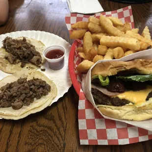 hamburger Juarez style tacos/ pork carnitas, and asada their salsas are delicious