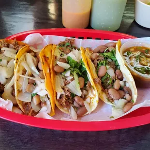 Birria tacos with everything (cilantro, onion, and beans!)