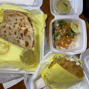 Quesadilla (left), taco (top right), Gordita (bottom left)