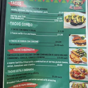 Menu tacos