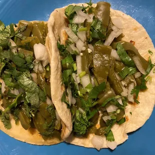 Cactus tacos - corn tortilla on left, flour on right