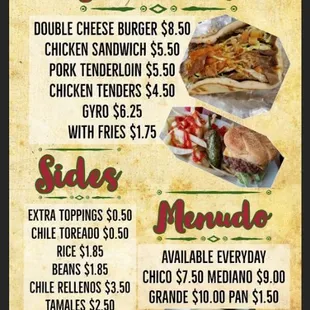 Sandwiches, Sides Menudo