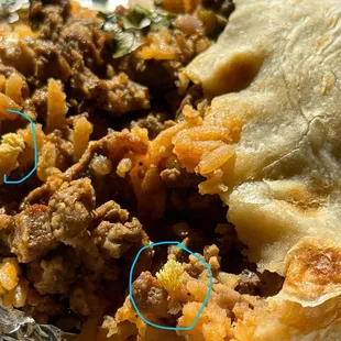White maggot eggs towards the left side of the photo and lower middle side next to a piece of asada and rice.