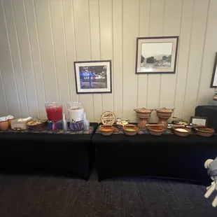 Their "premium Mexican theme" setup with arroz and frijoles and chips and 3 Salsas, with 2 Agua Frescas