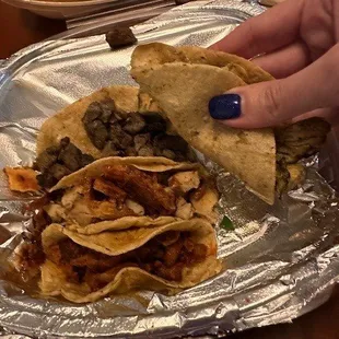 ribeye, chicken, and pork tacos