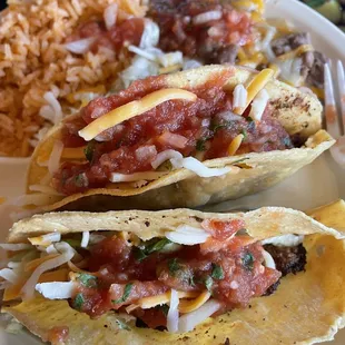 2 tacos with beans and rice