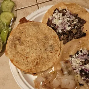 Tacos El Mike. 2 carne asada tacos, 1 mulita adobada.