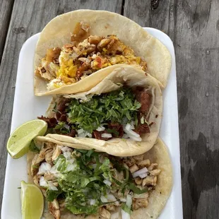 Chicken fajita taco, tripa taco, and migas - all amazing!